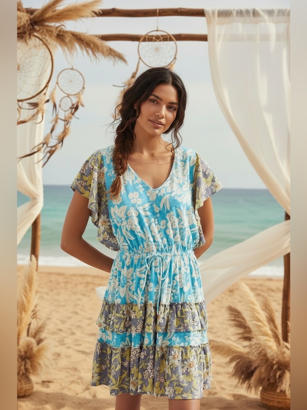 Daily Practice Anthropologie Tiered Ruffle Mini Dress Floral Blue Green Boho S